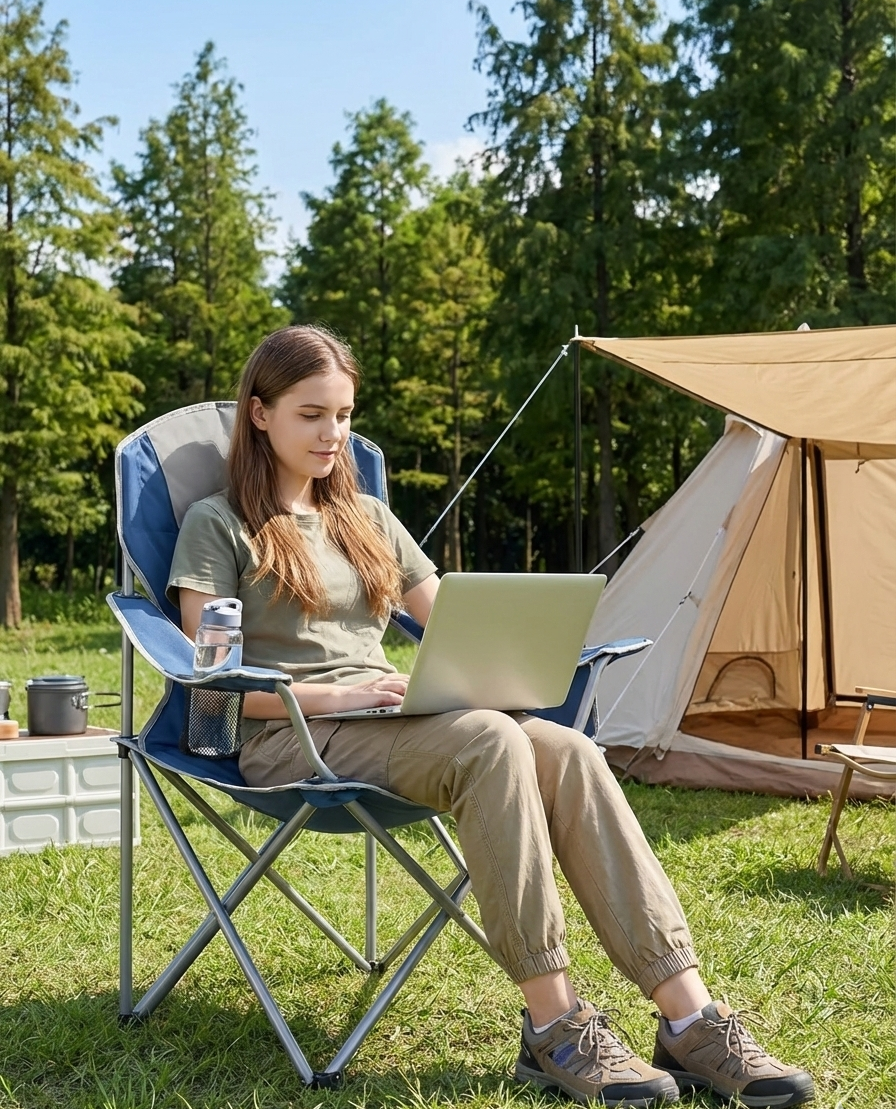 Heavy Duty Folding Camping Chair w/ Cup Holder & Cooler Bag