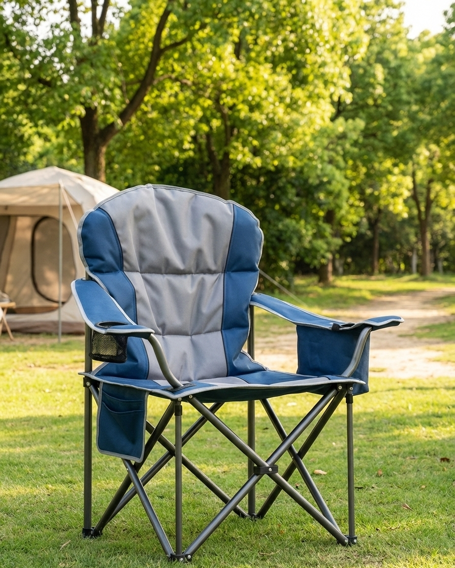 Heavy Duty Folding Camping Chair w/ Cup Holder & Cooler Bag