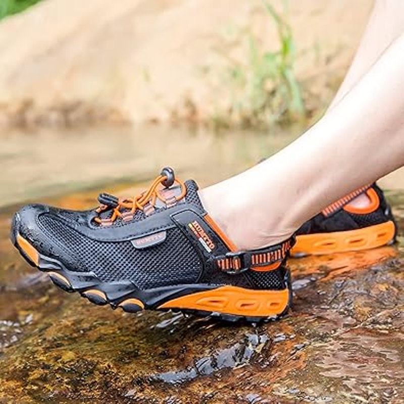 Mens Black Orange Amphibious Hiking Shoes