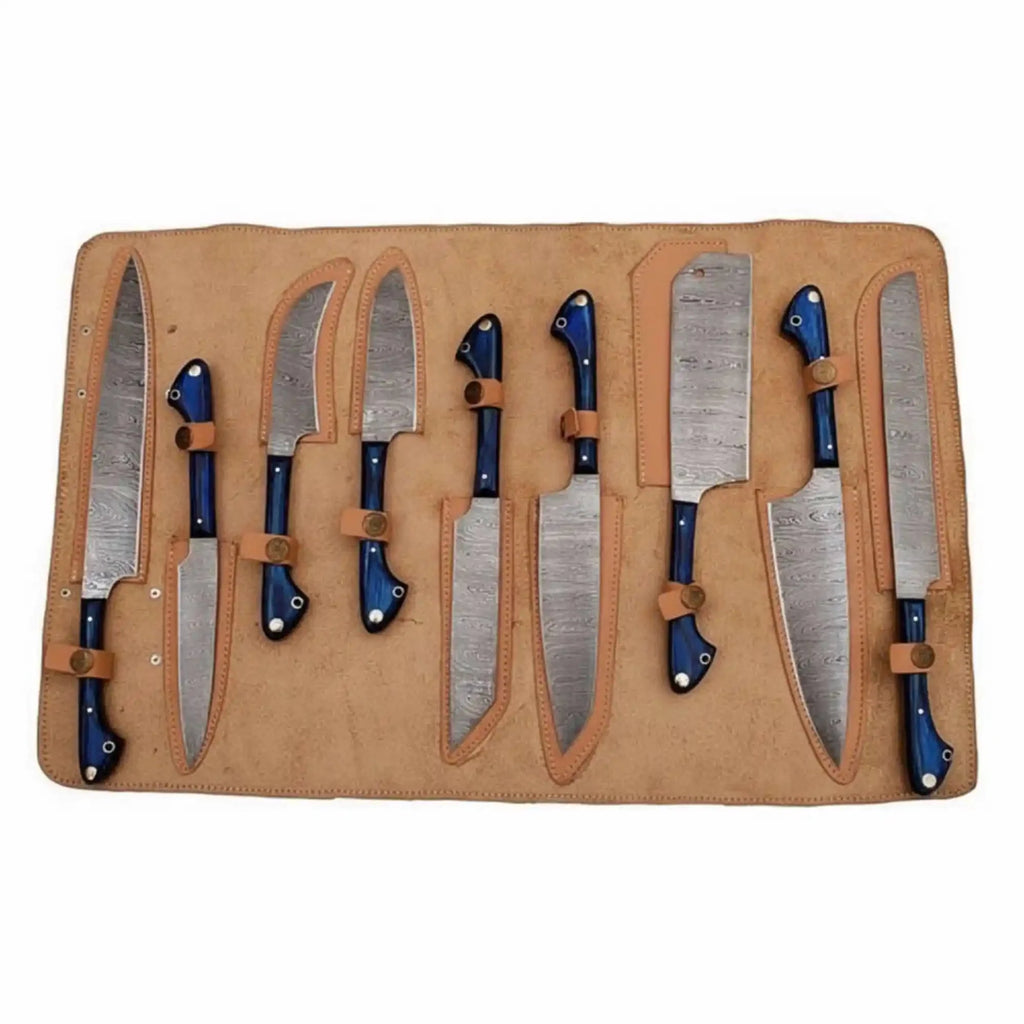 9-Piece Damascus Kitchen Knife Set with Leather Roll