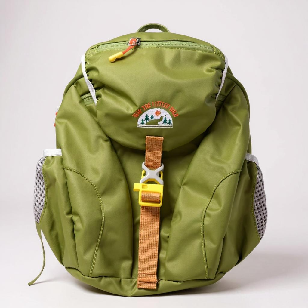 The Hiking Backpack for toddlers & kids features a green design, side mesh pockets for water bottles, a tan front strap and buckle, yellow zipper, and an embroidered patch of trees and mountains with the text “TAKE THE OUTDOORS TIME.”.