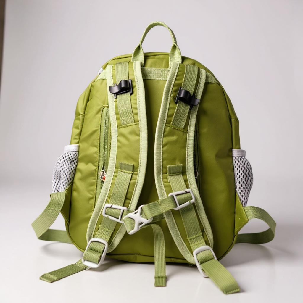 The Hiking Backpack for toddlers & kids in green features padded shoulder straps, adjustable chest and waist belts, and side mesh pockets for a water bottle, shown on a plain white background.