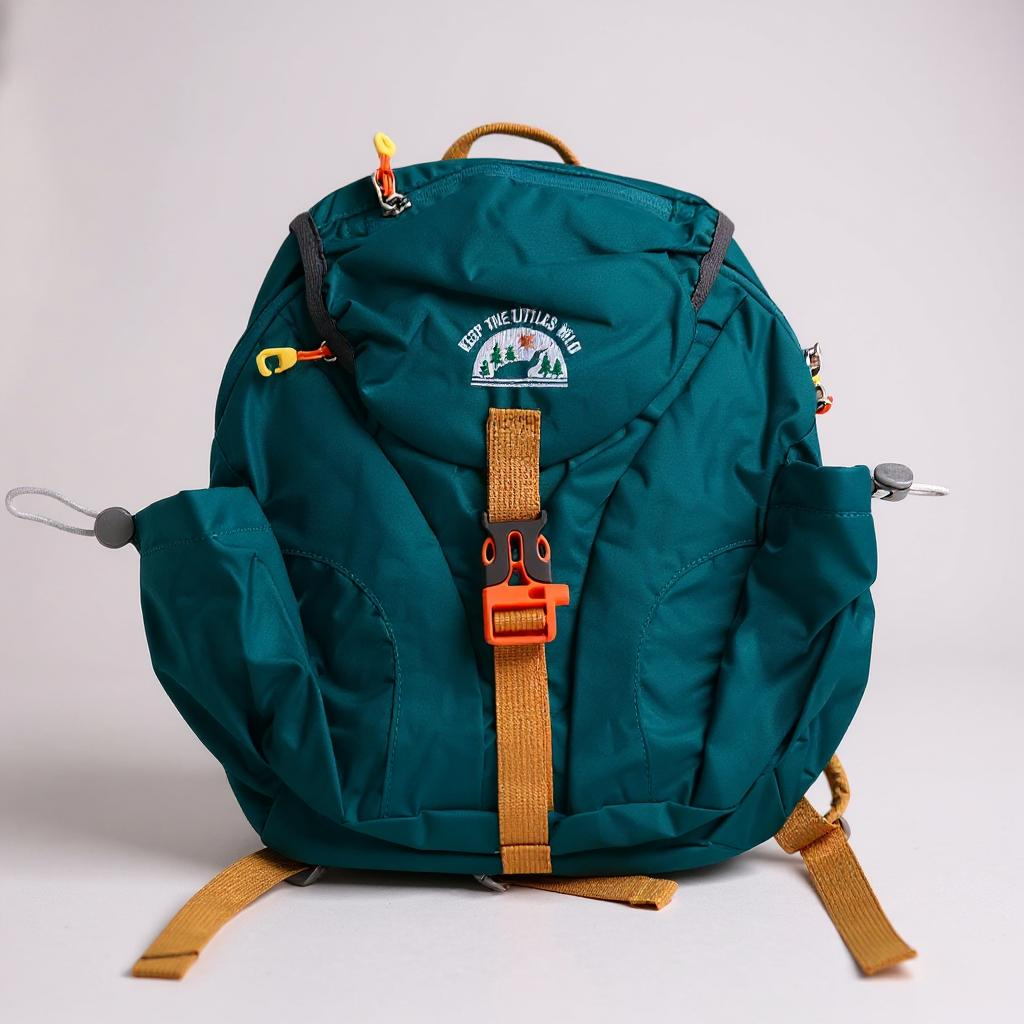 The Hiking Backpack for toddlers & kids in teal has brown straps, an orange buckle, and colorful zipper pulls. A front patch shows trees, mountains, and “Keep the Utilities Wild.” Ideal for young adventurers on hiking trips.