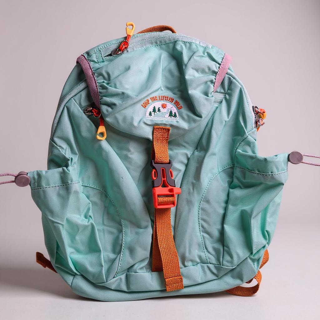 The Hiking Backpack for toddlers & kids in light blue features orange and pink straps, a red buckle, an embroidered patch with trees and “FOR THE LITTLE KID” on the front, shown against a light gray background.