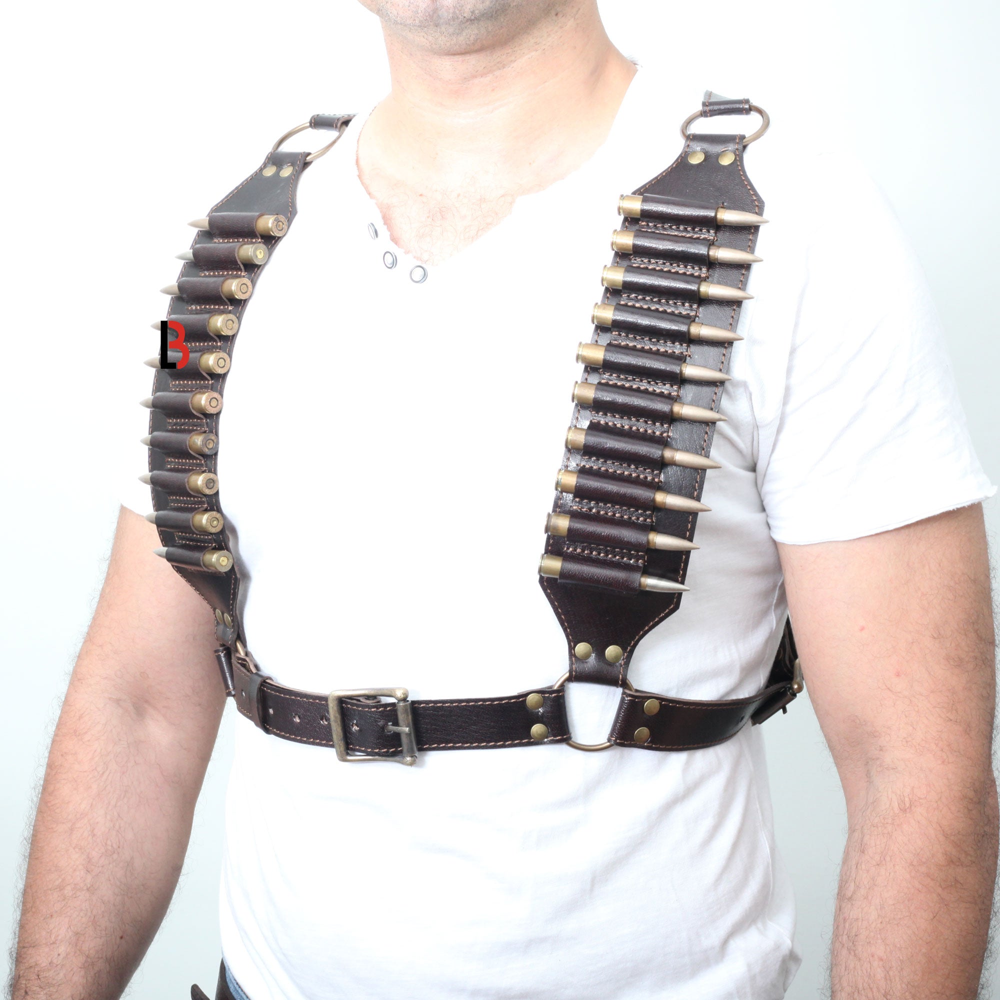 Cowhide Leather Rifle Cartridge Bandolier Belt & Chest Harness Ammo Carrier