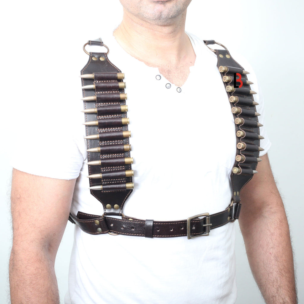 Cowhide Leather Rifle Cartridge Bandolier Belt & Chest Harness Ammo Carrier