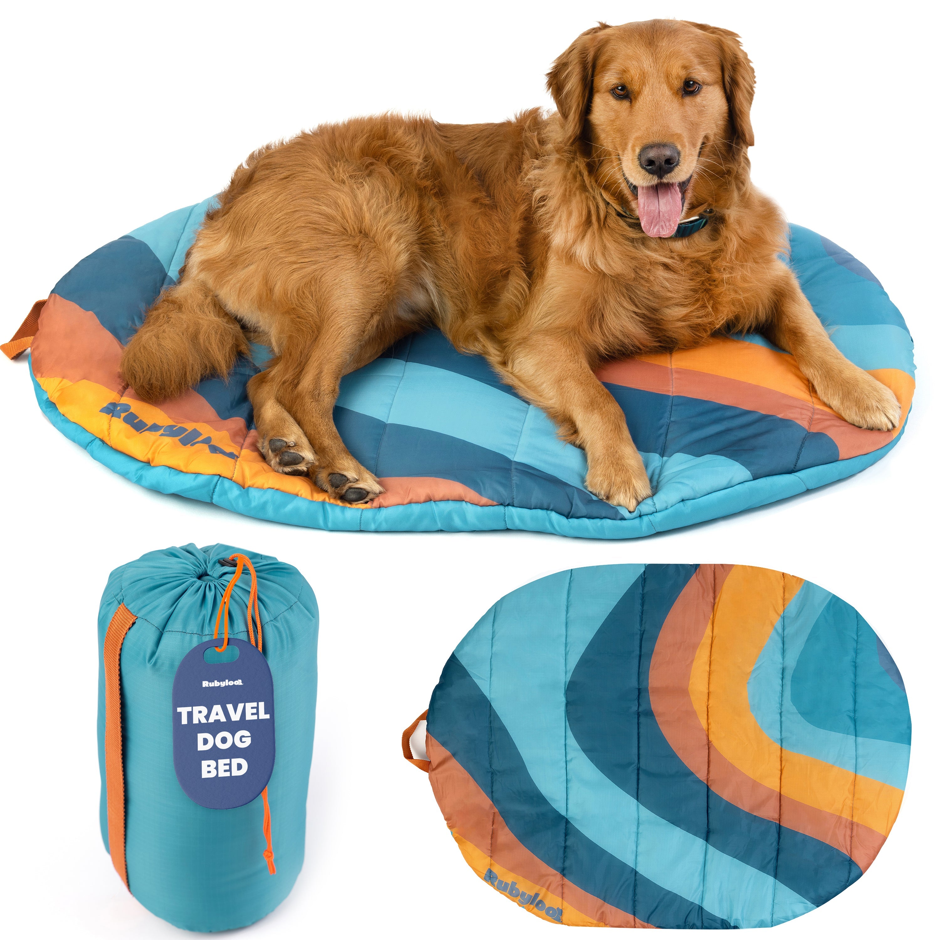 A golden retriever rests on the Travel Dog Bed - Foldable & Packable for Travel, Road Trip, Camping, featuring blue, teal, orange, and yellow stripes. The bed is shown laid flat and packed in a blue bag for portability.