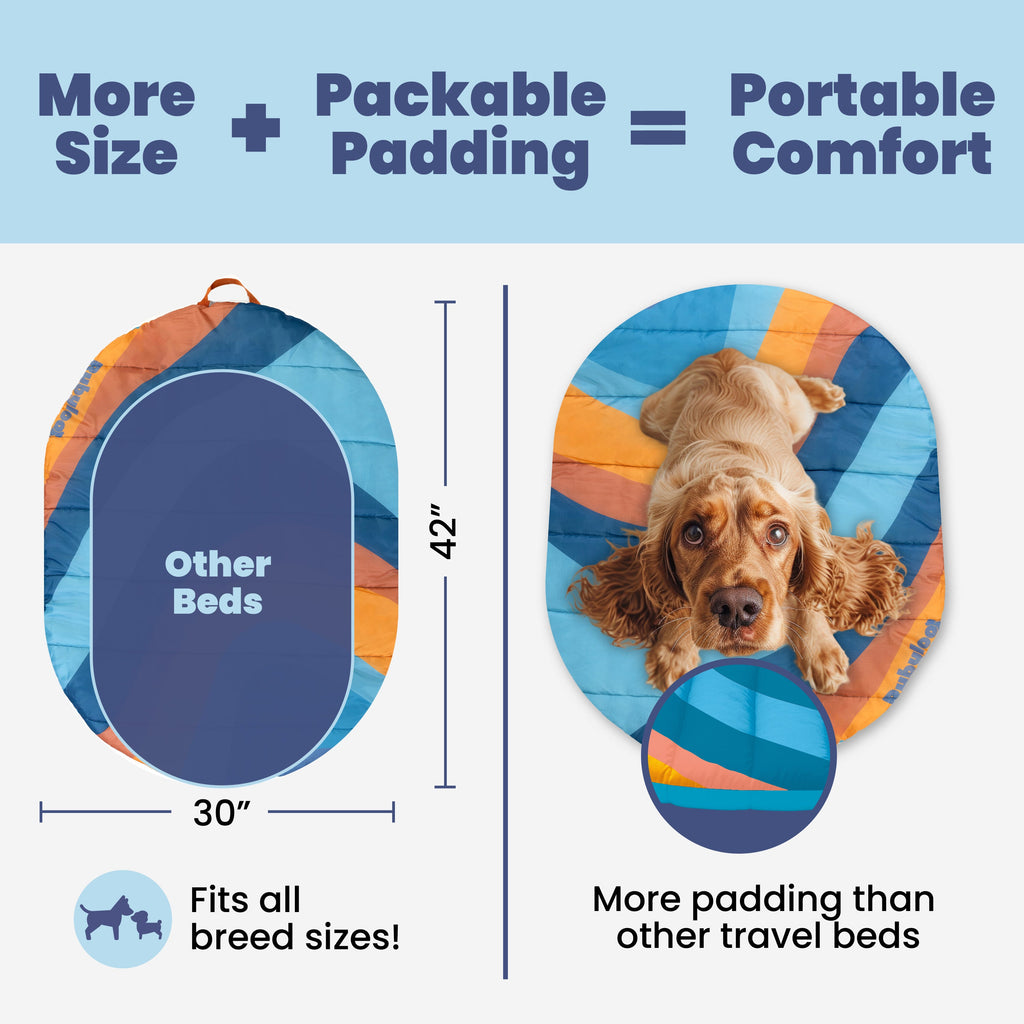 A tan dog relaxes on the Travel Dog Bed—Foldable & Packable for travel, road trips, or camping. Sized 30"x42" with extra padding for comfort, it fits all breeds and is perfect for portable adventures.