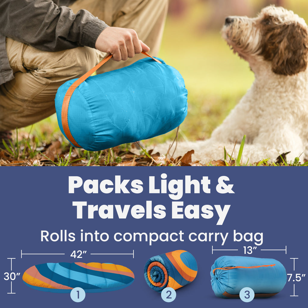 A person kneels on grass holding the Travel Dog Bed—Foldable & Packable for Travel—in a compact carry bag beside their dog. Below, a diagram details packing steps and size, highlighting "Packs Light & Travels Easy" and easy compact storage.