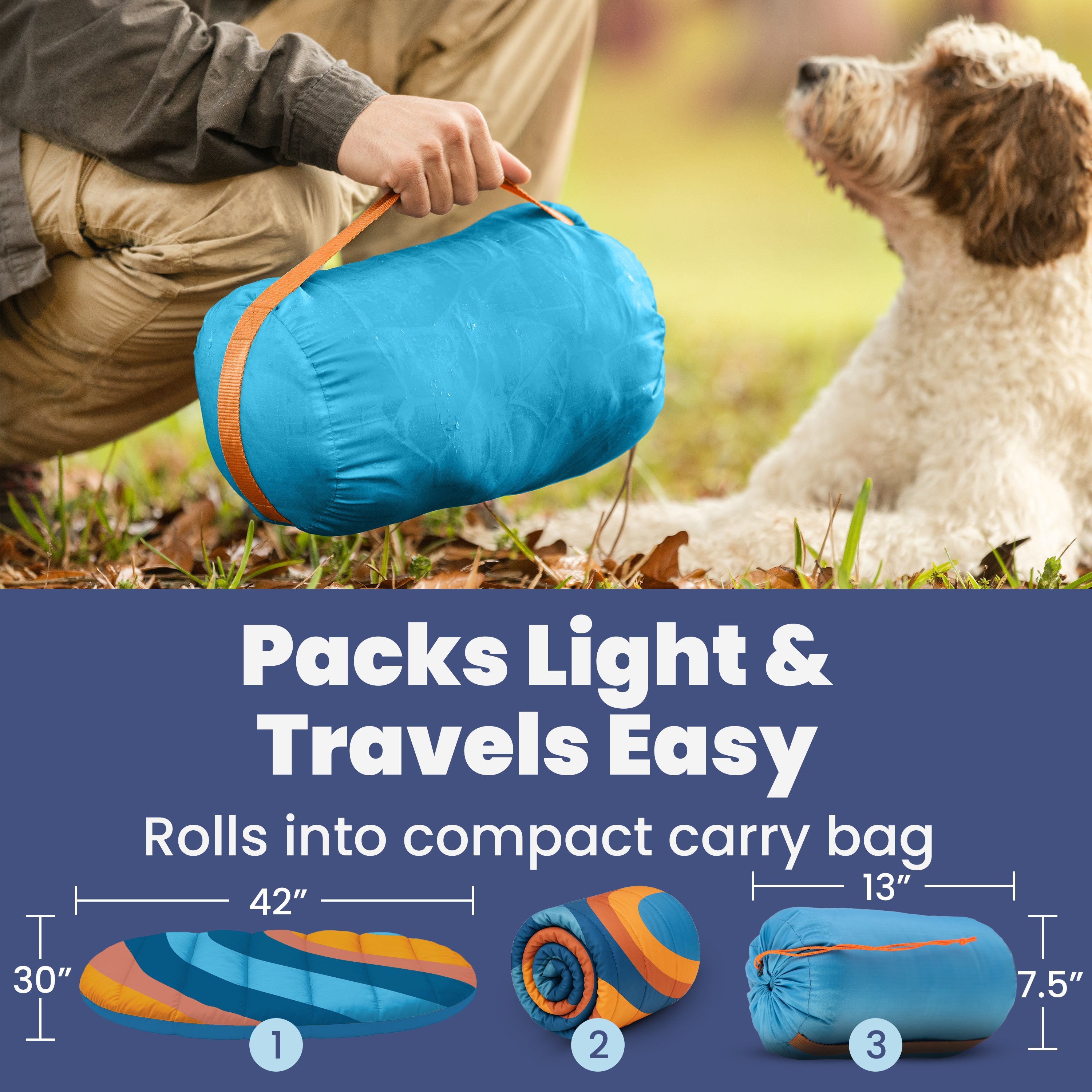 A person kneels on grass holding the Travel Dog Bed—Foldable & Packable for Travel—in a compact carry bag beside their dog. Below, a diagram details packing steps and size, highlighting "Packs Light & Travels Easy" and easy compact storage.