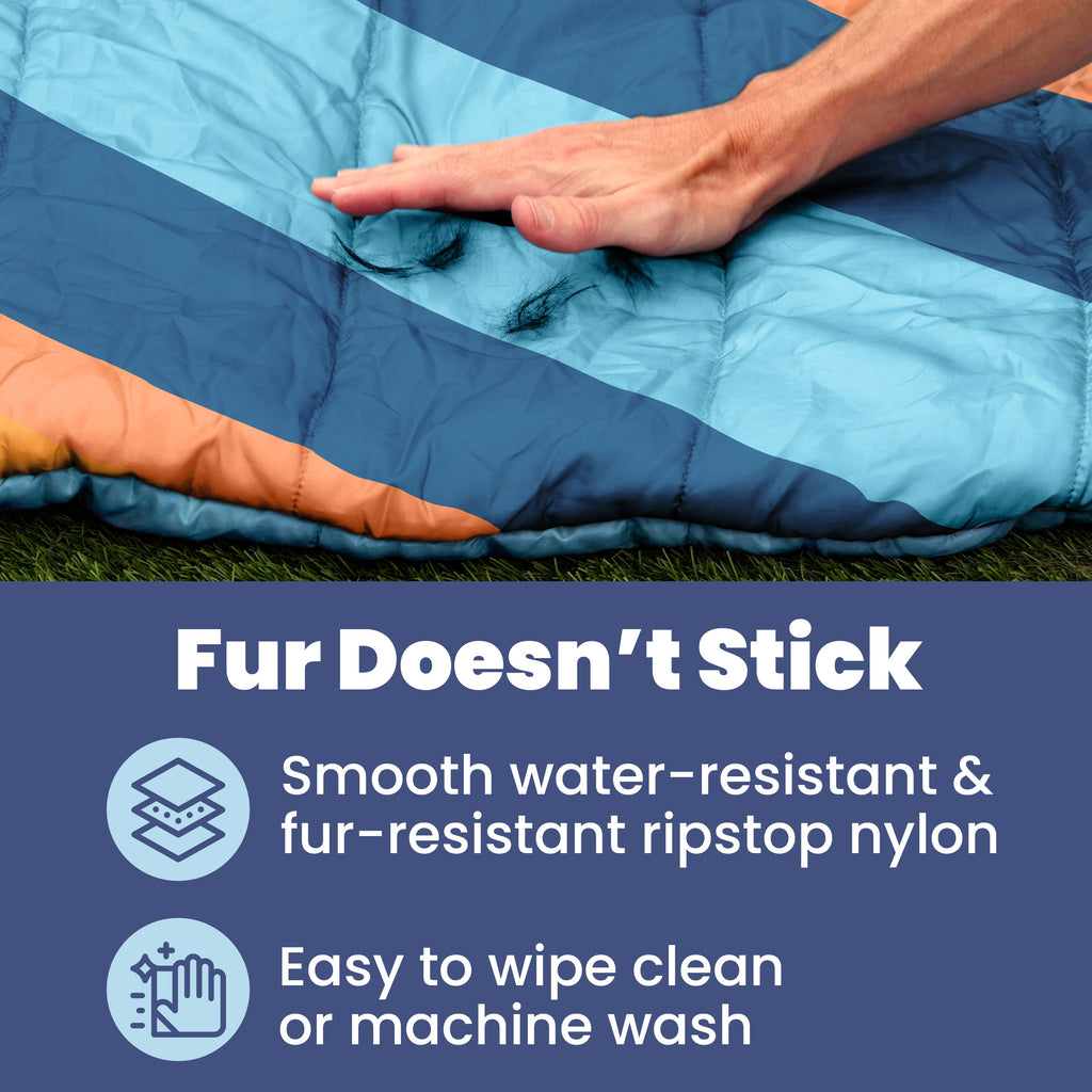 A hand brushes a blue and orange Travel Dog Bed—Foldable & Packable for travel, road trips, camping. Fur Doesn’t Stick: smooth, water-resistant, fur-resistant ripstop nylon is easy to wipe clean or machine wash. Two icons shown.