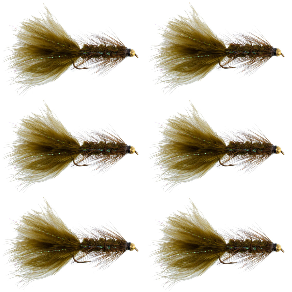 Dark Olive Bead Head Crystal Woolly Bugger Streamer - 6 Flies