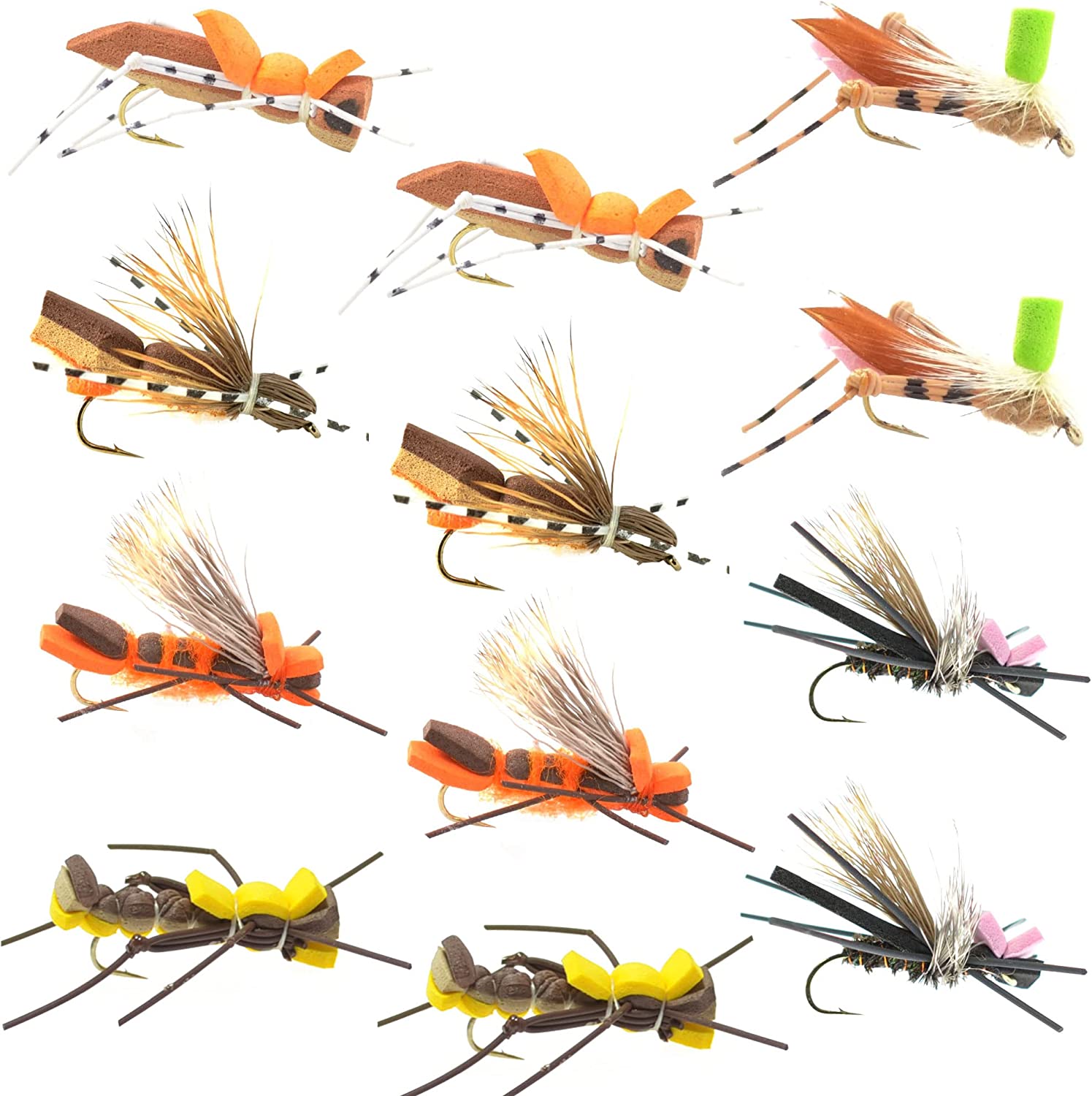 12 Flies - 2 Each of 6 Grasshopper Dropper Hopper with Fly Box