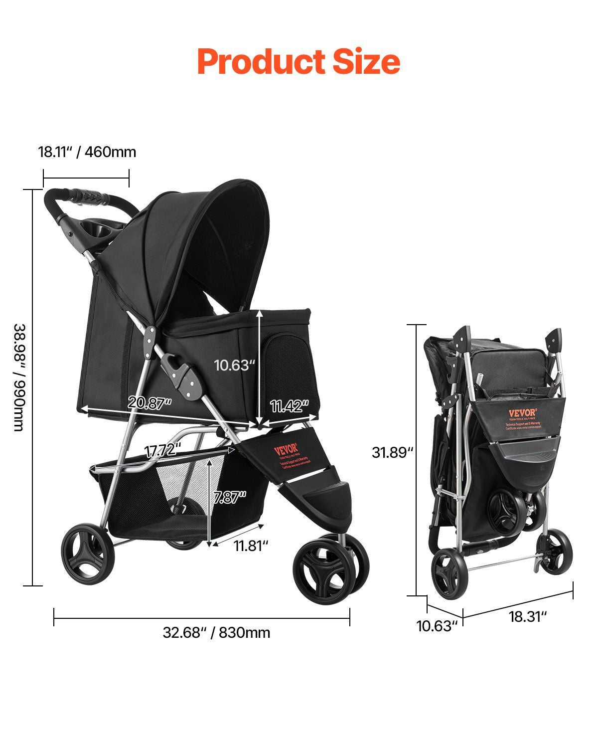 Foldable 3 Wheels Dog Stroller with Brake up to 35lbs