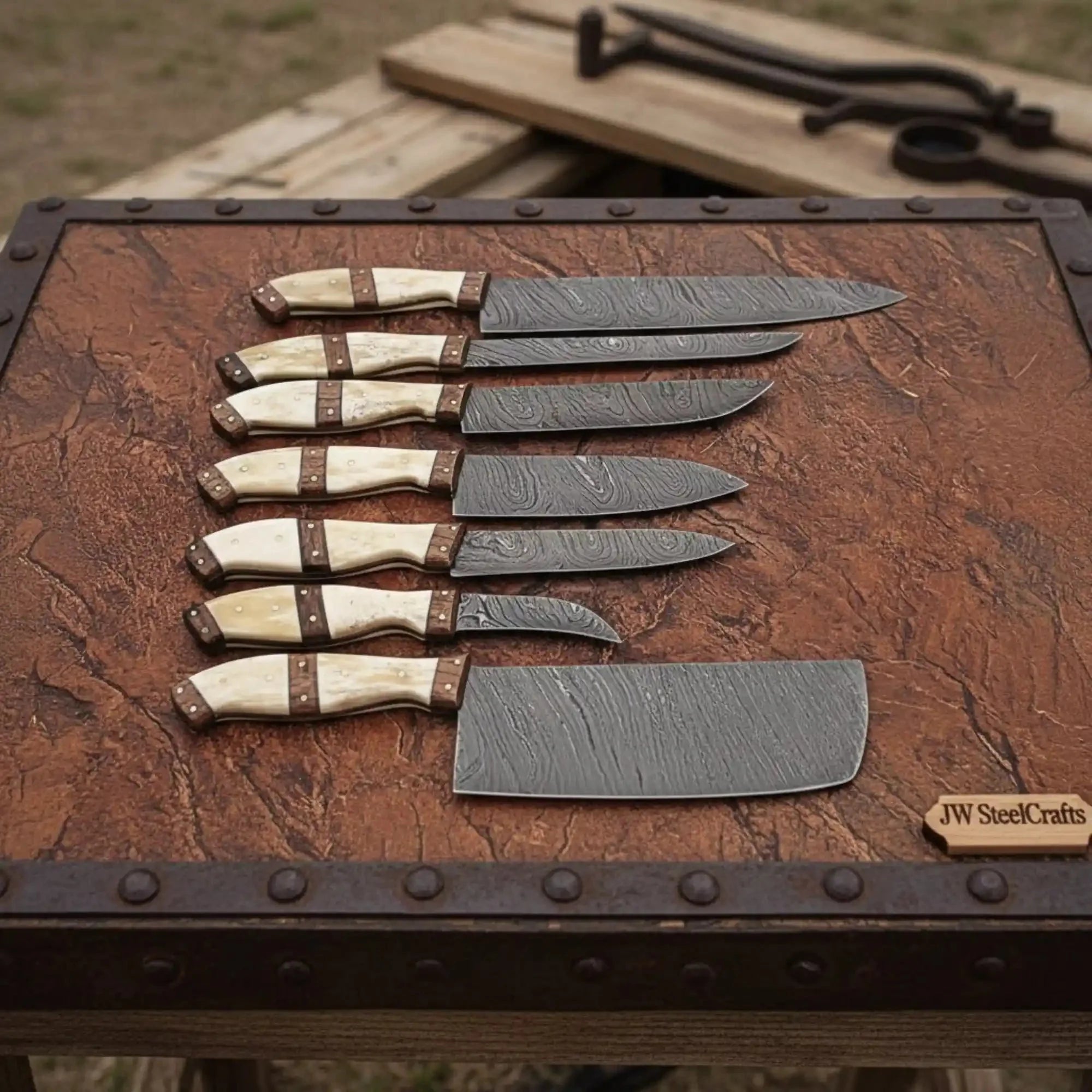 7-Piece Handmade Damascus Kitchen Knife Set with Bone Handle
