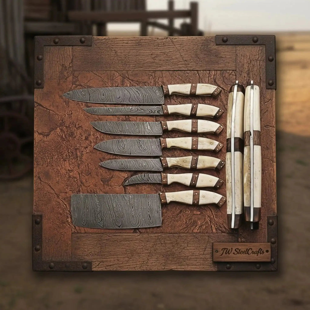 7-Piece Handmade Damascus Kitchen Knife Set with Bone Handle