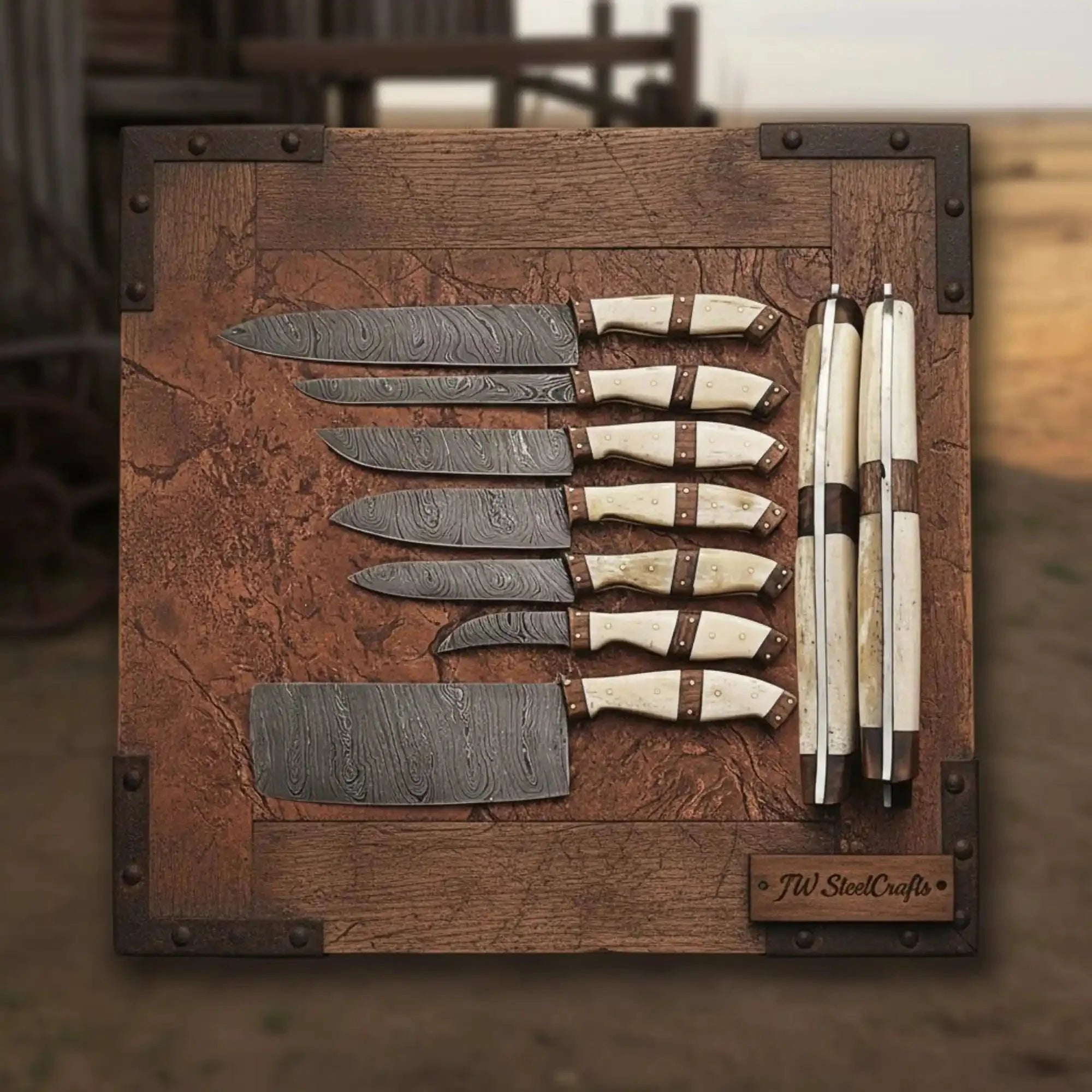 7-Piece Handmade Damascus Kitchen Knife Set with Bone Handle